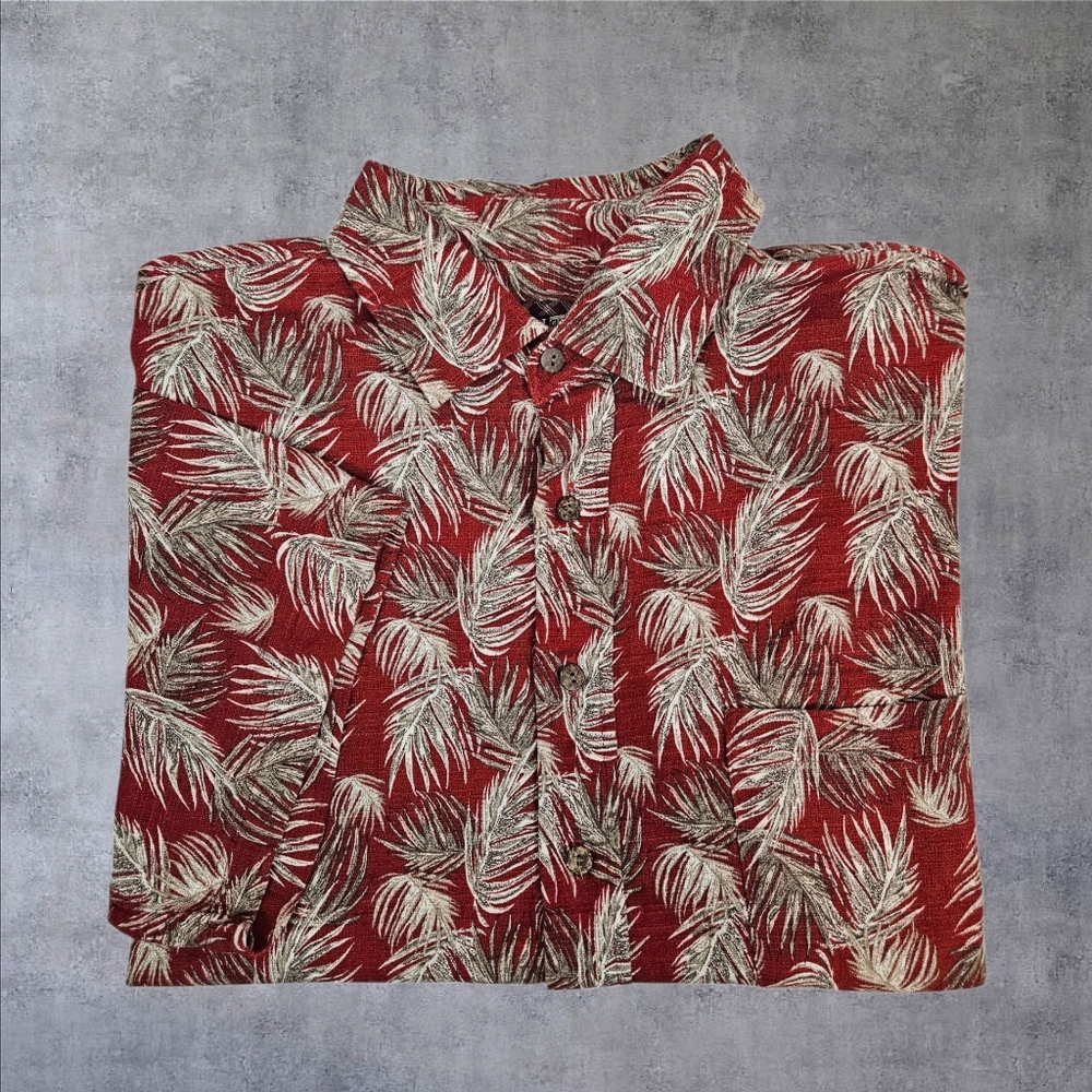 Vintage 90s Quality Clothing Red Gauzy Hawaiian Shirt Palm Print Size Medium V38